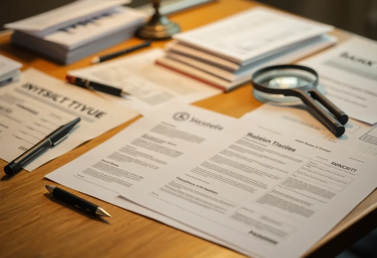 Investigative documents laid out on a desk.