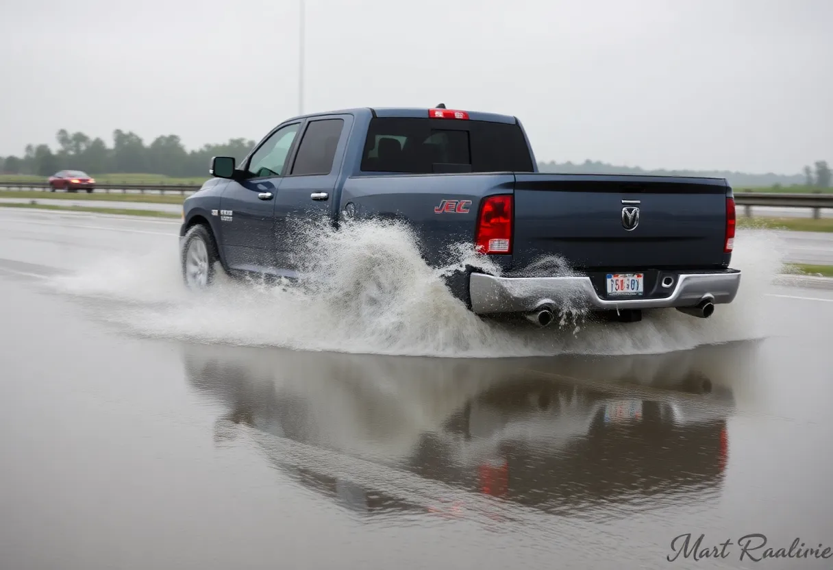 Pickup truck splashes through a rainy highway puddle.