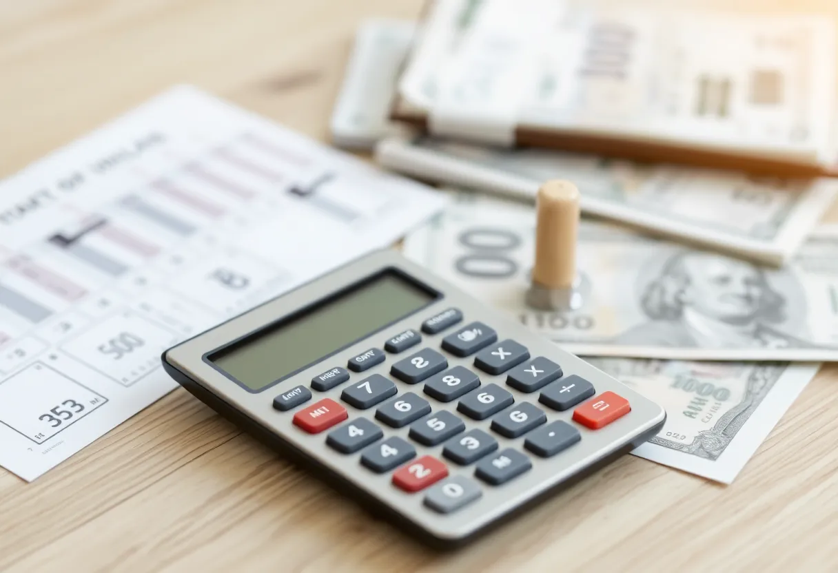 Rising energy bills with calculator and bills on table.