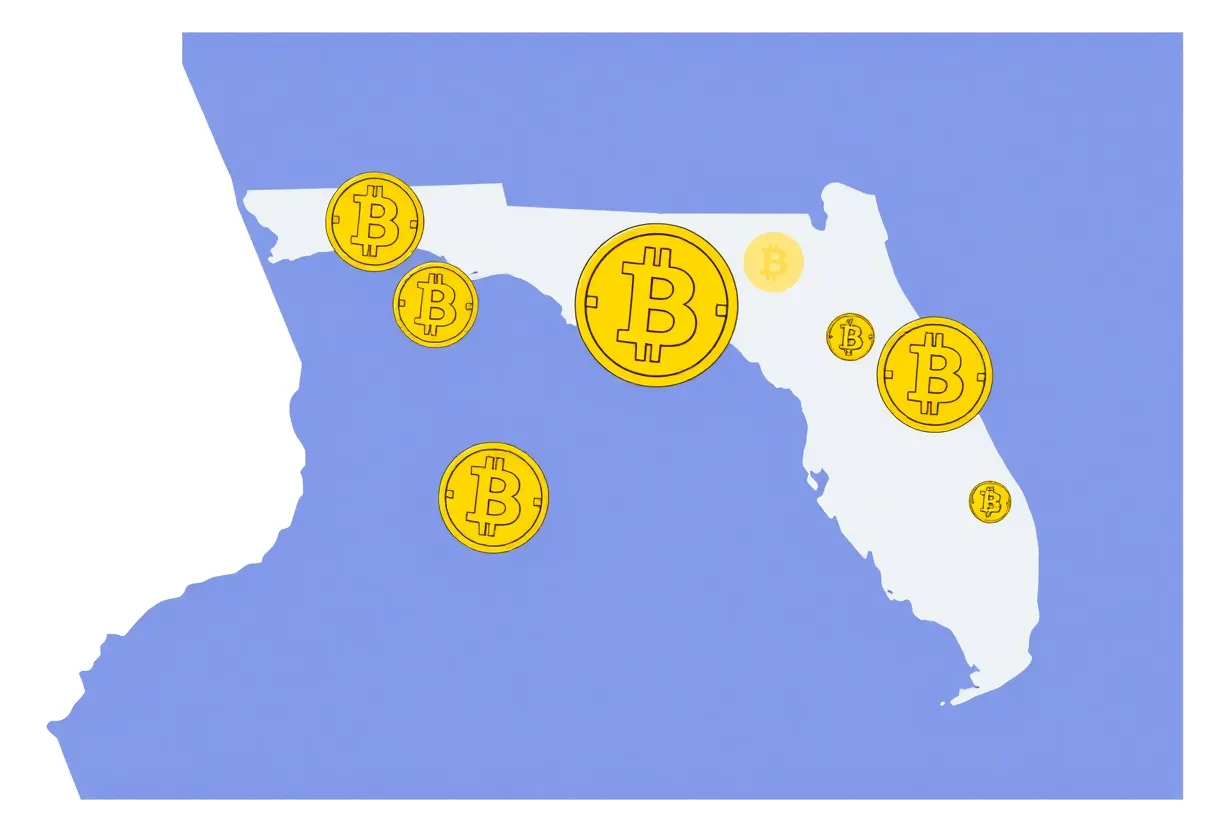 Stylized Florida map with Bitcoin symbols overlaying the state.