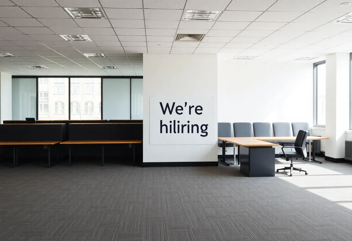 Empty office space with "We're Hiring" sign visible.