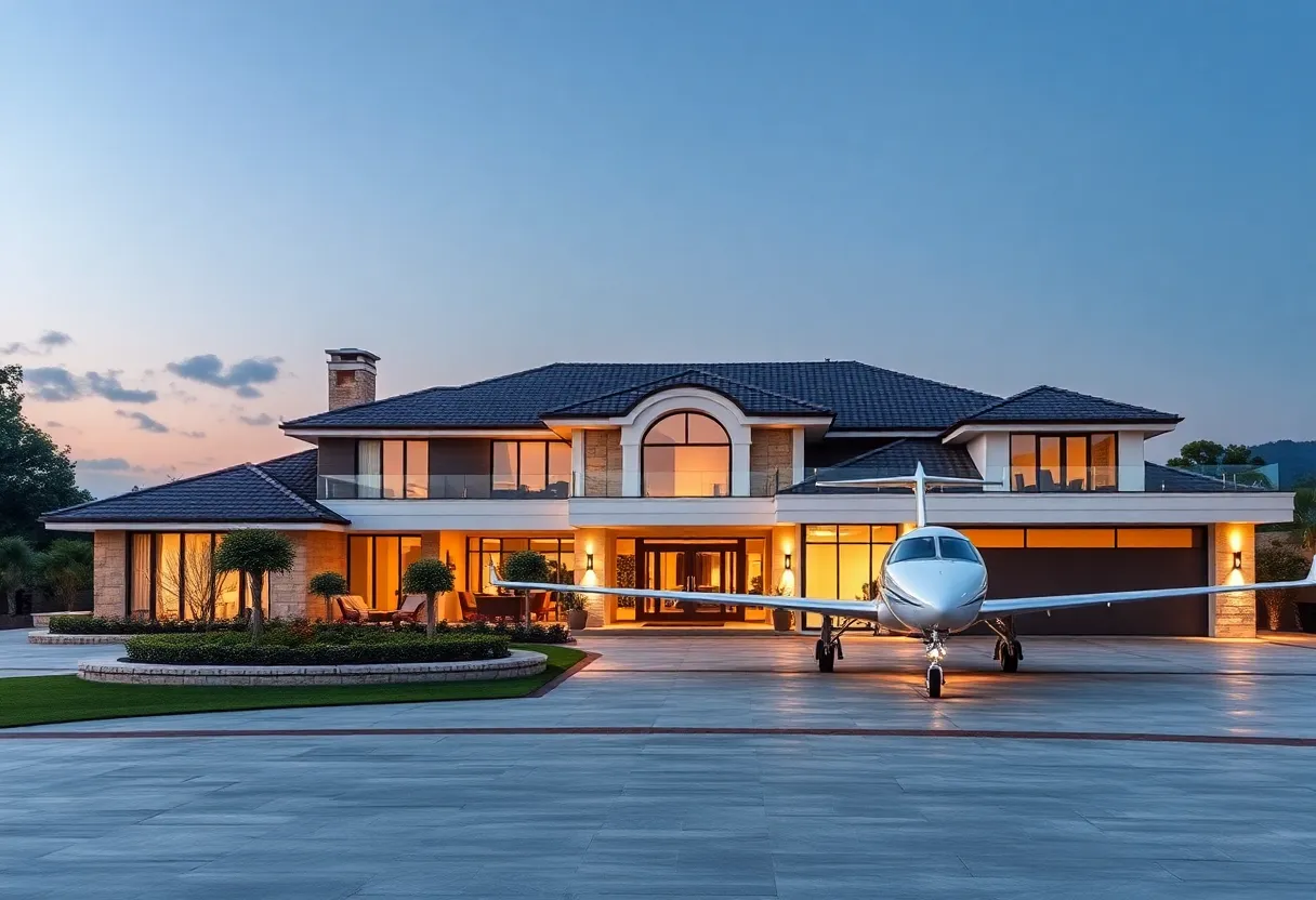 Luxury home with private jet in the background.