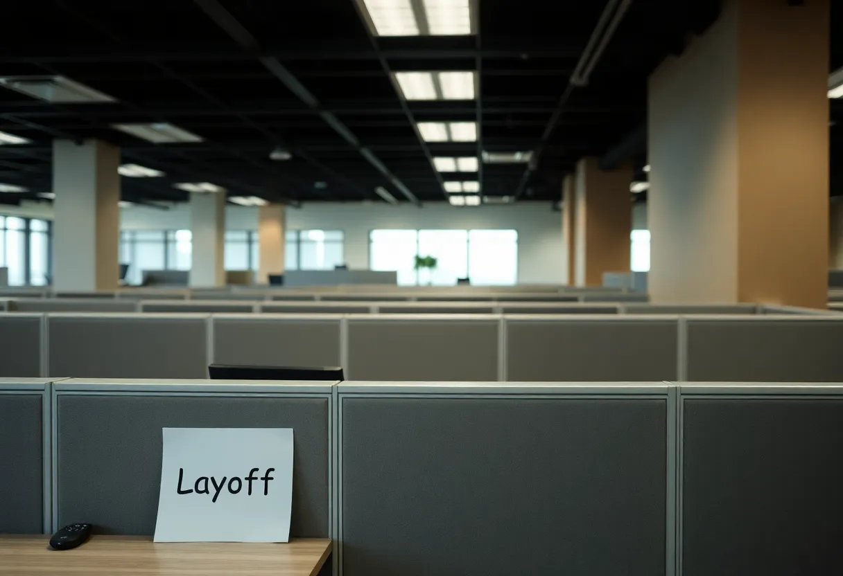 Empty office cubicles with "Layoff" notice on desk.