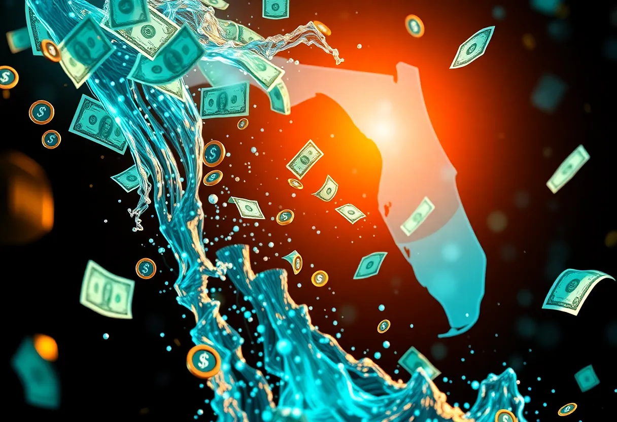Money flowing into digital currency with Florida visuals.