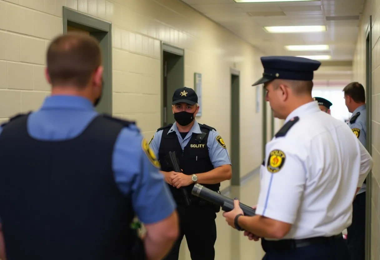 Uniformed personnel assisting in security at a prison facility.