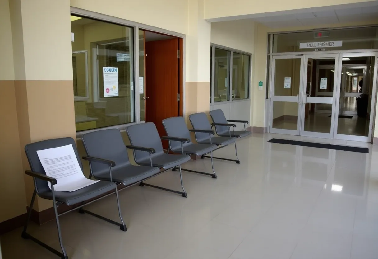 Empty waiting room outside a closed clinic, with paperwork.