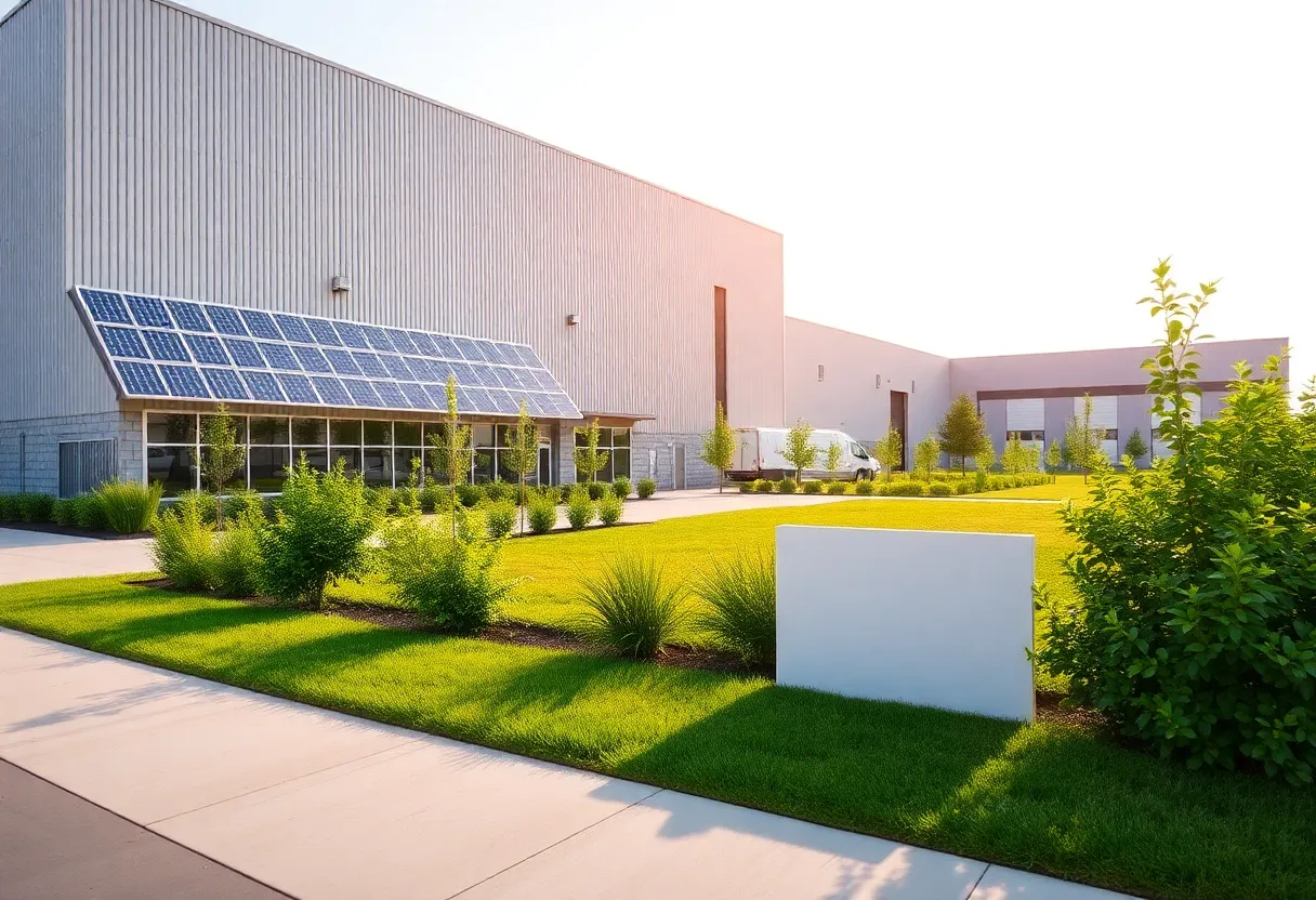 Modern manufacturing facility with solar panels and green landscaping.
