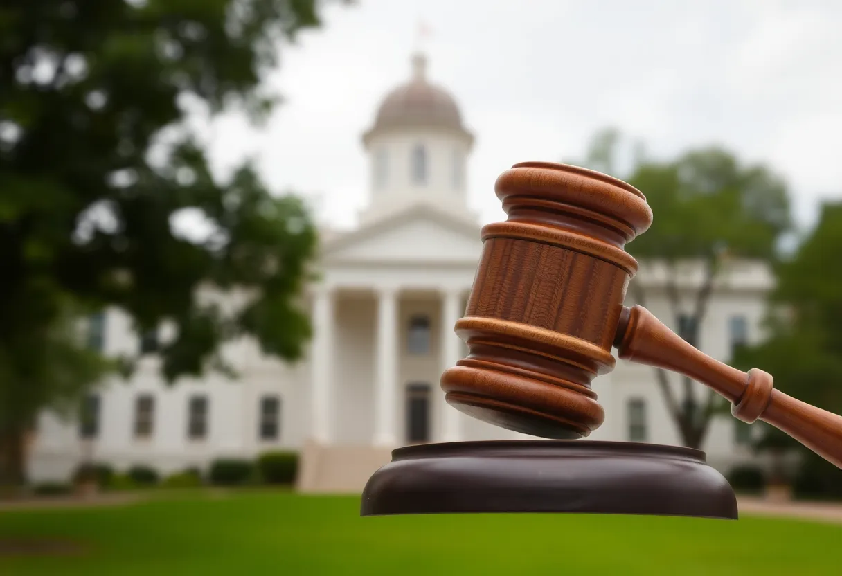 A gavel overlaying a blurred courthouse background.