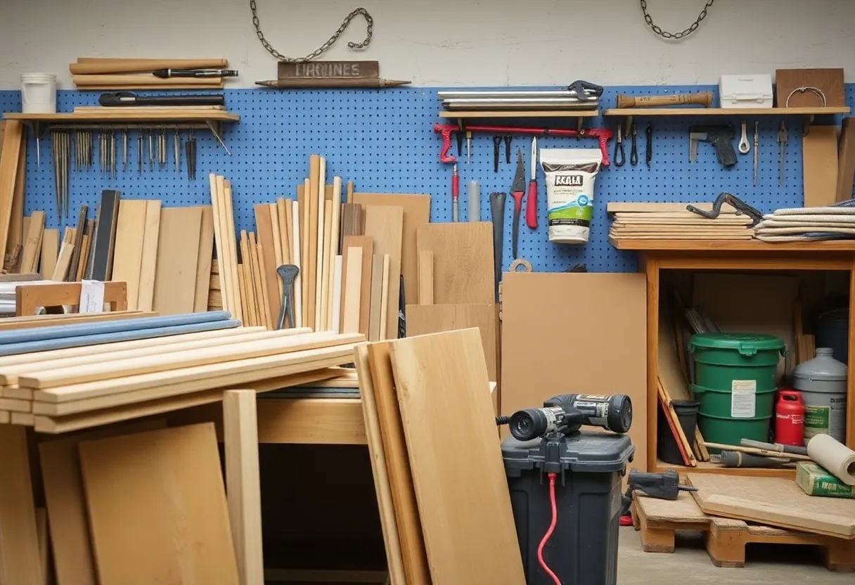 Construction materials and tools arranged in a workshop.