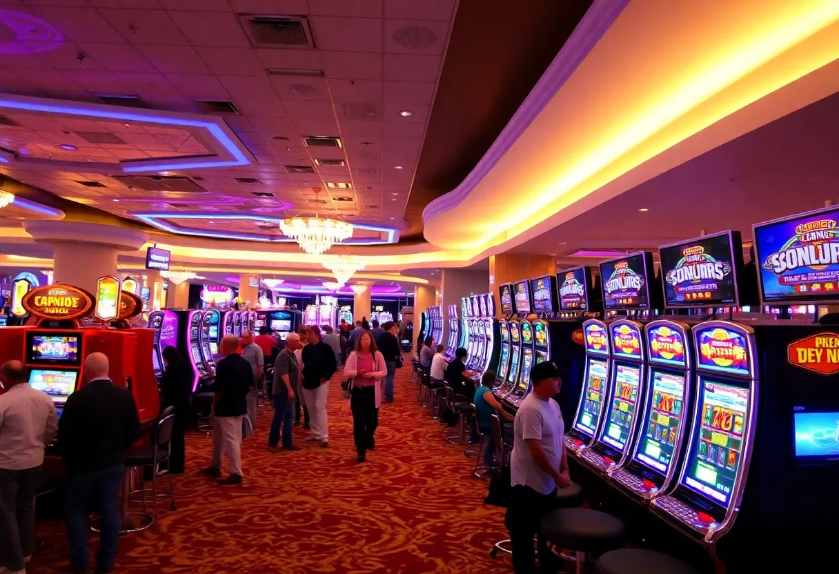 Vibrant casino floor with diverse slot machines and patrons.
