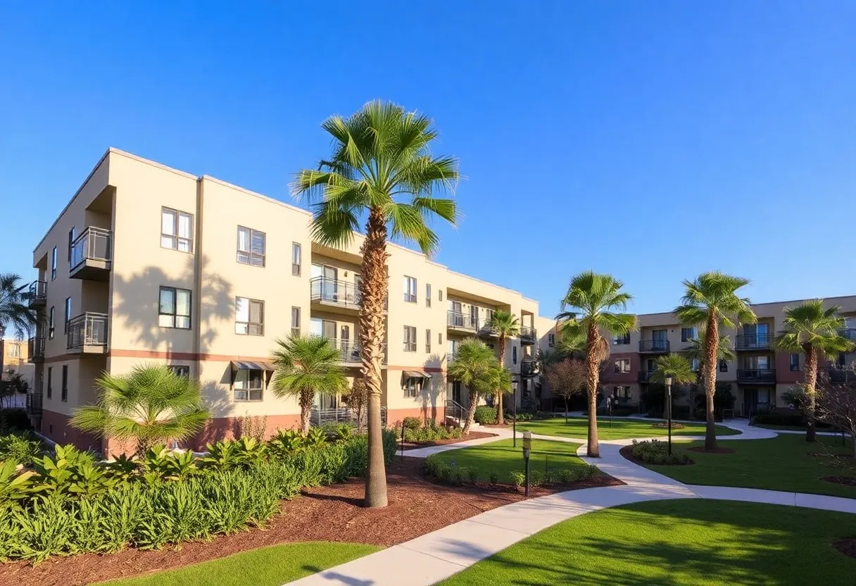 Modern apartment complex surrounded by lush landscaping and palm trees.