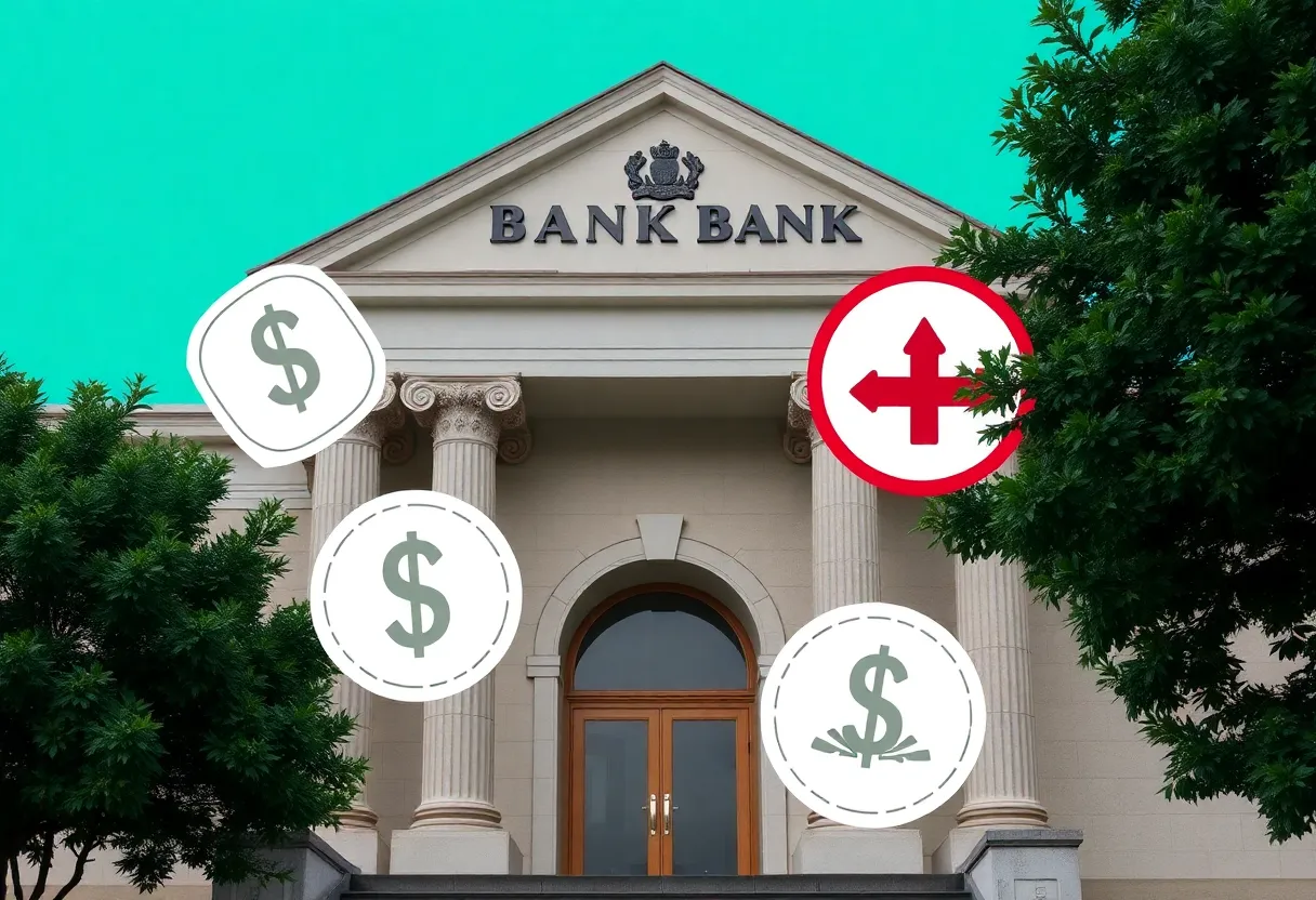 Bank building with money laundering symbols and drug-related imagery.