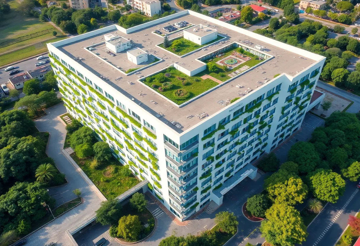 Aerial view of a modern hospital building with greenery.