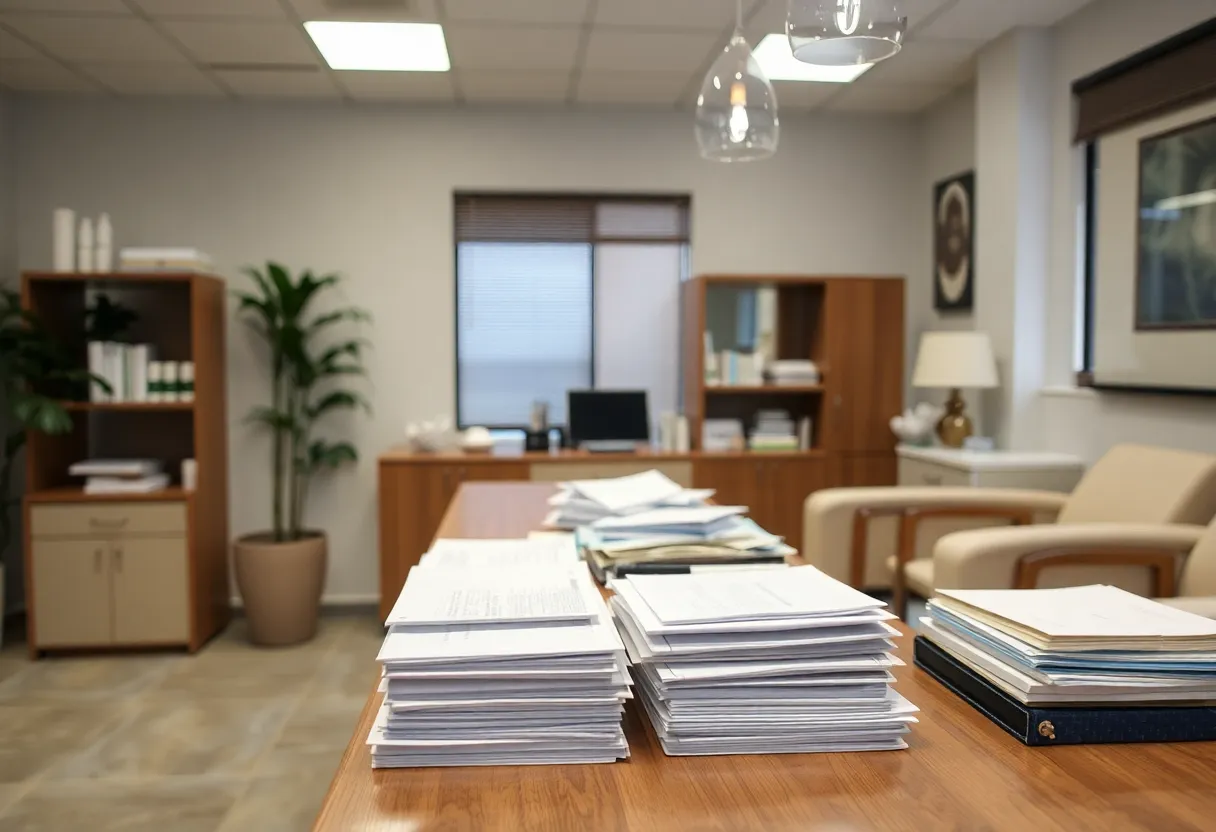 Bottlenecked paperwork in a spa office setting.