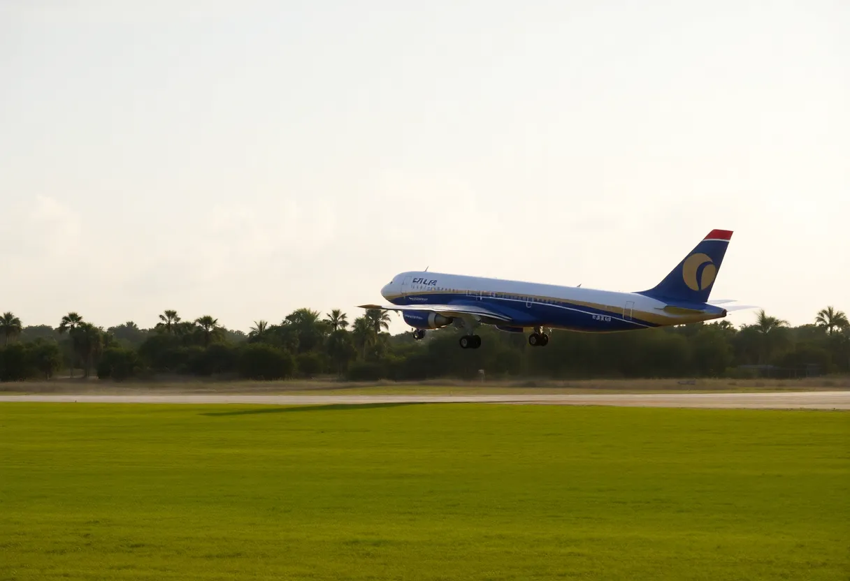 Airplane taking off against a sunny Florida backdrop.