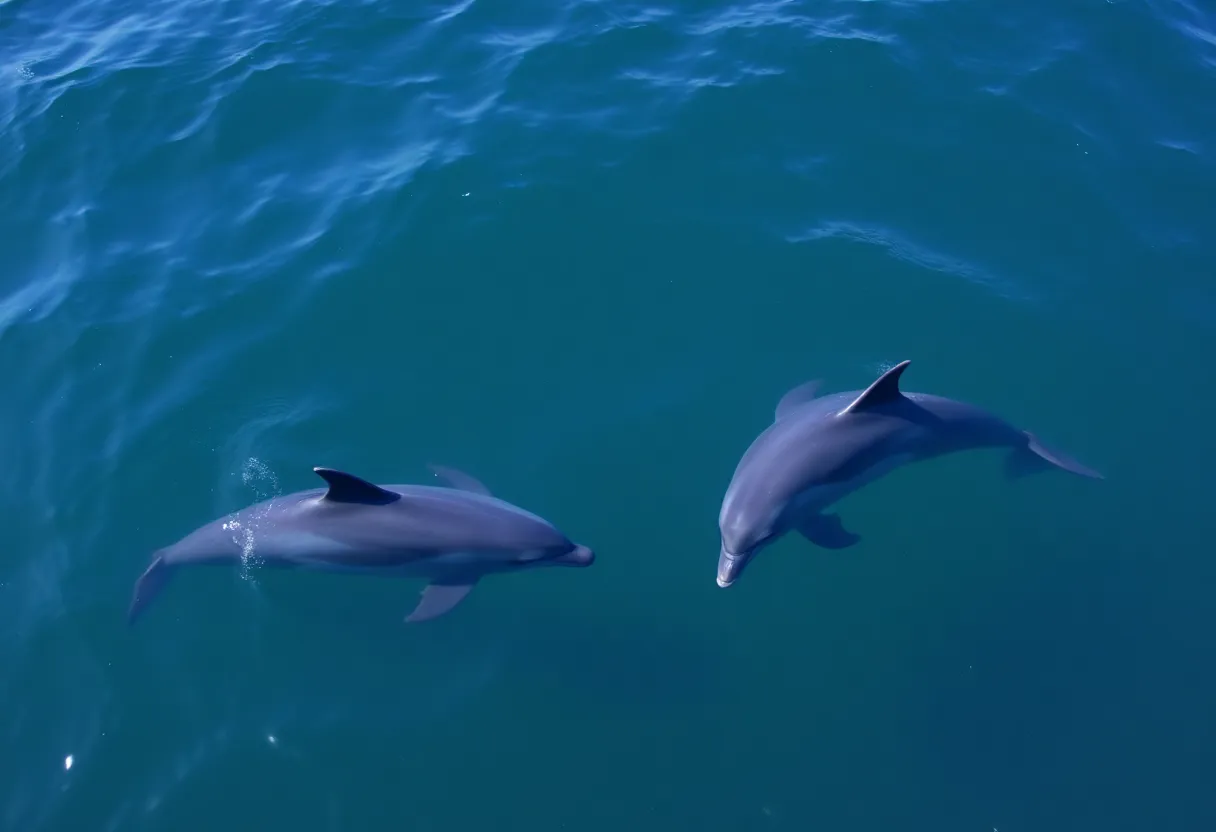 Dolphins swimming peacefully in a natural ocean habitat.