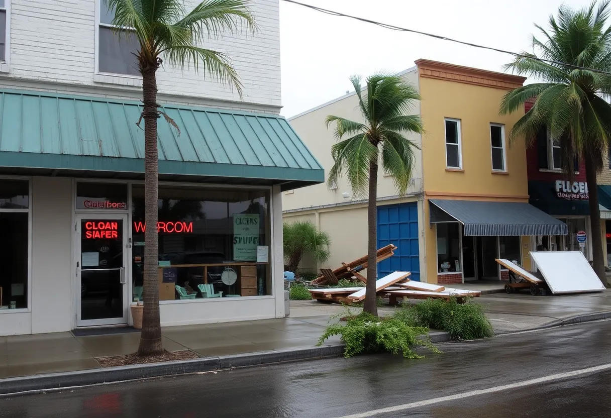 Resilient storefronts amidst storm-damaged surroundings in Florida.