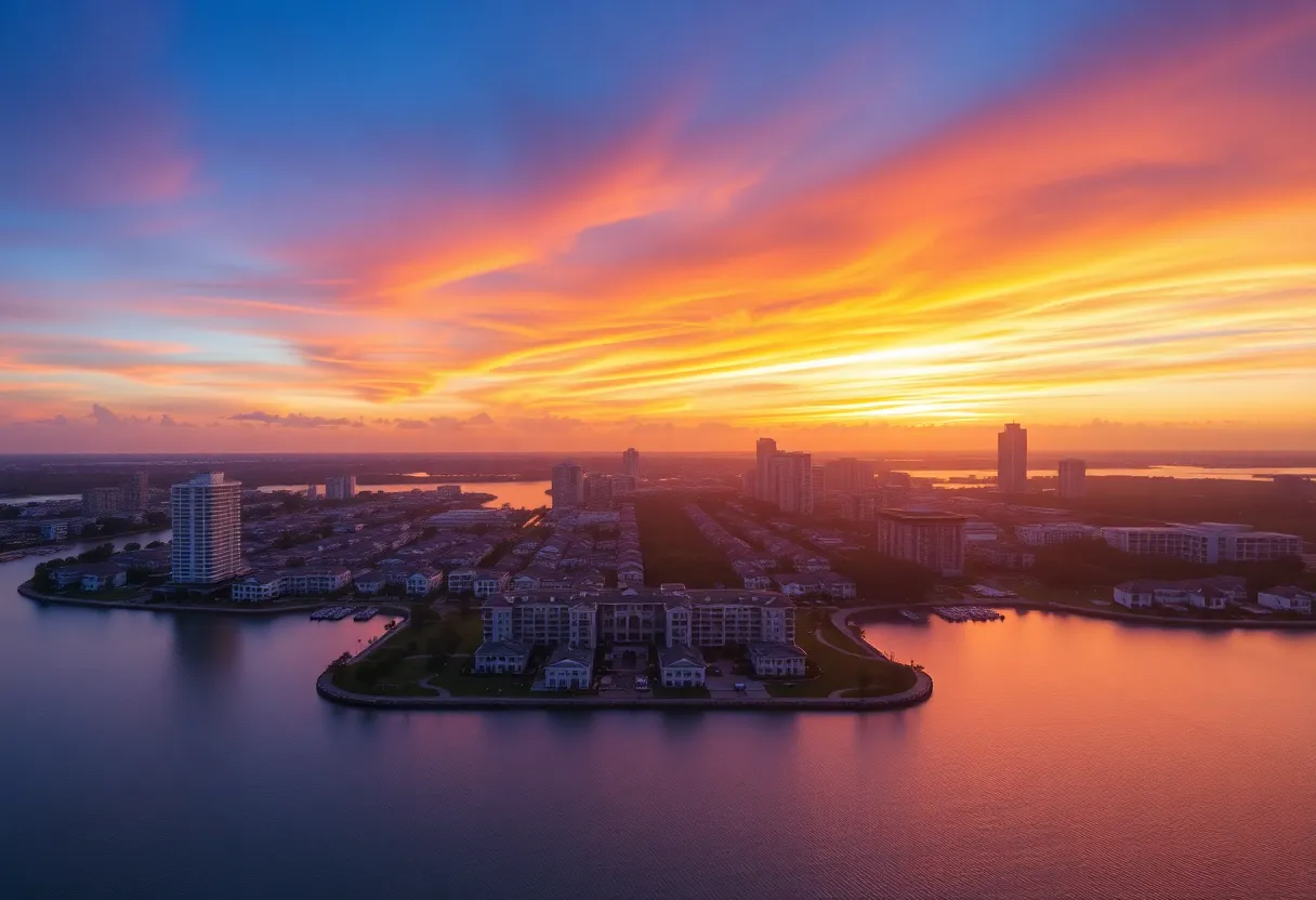 Skyline with vibrant sunrise over Florida real estate development.