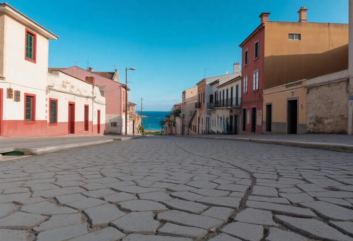 Cracked pavement with leaning buildings and coastal views.