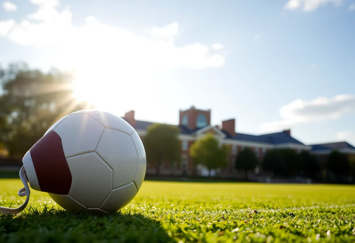 Football gear and university campus with sunny backdrop.