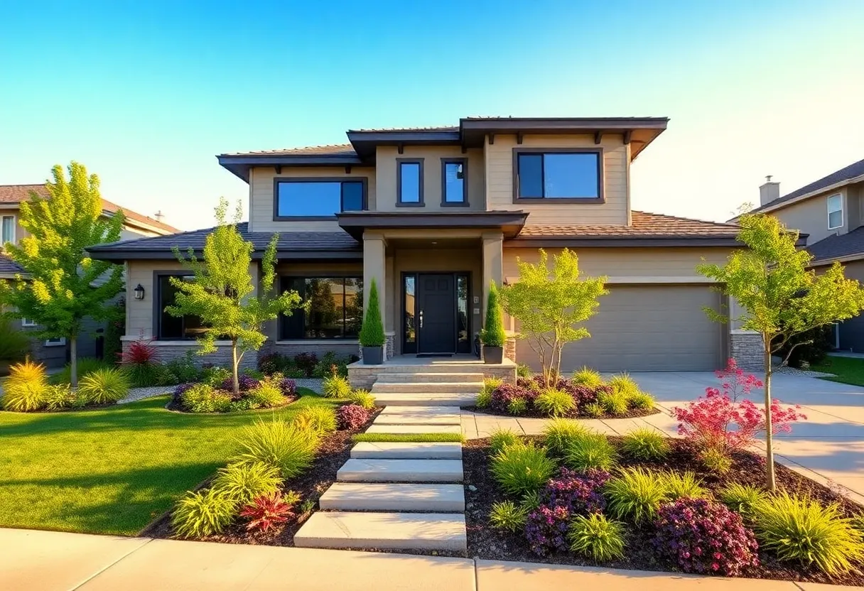 Modern home exterior with vibrant landscaping and clear skies.