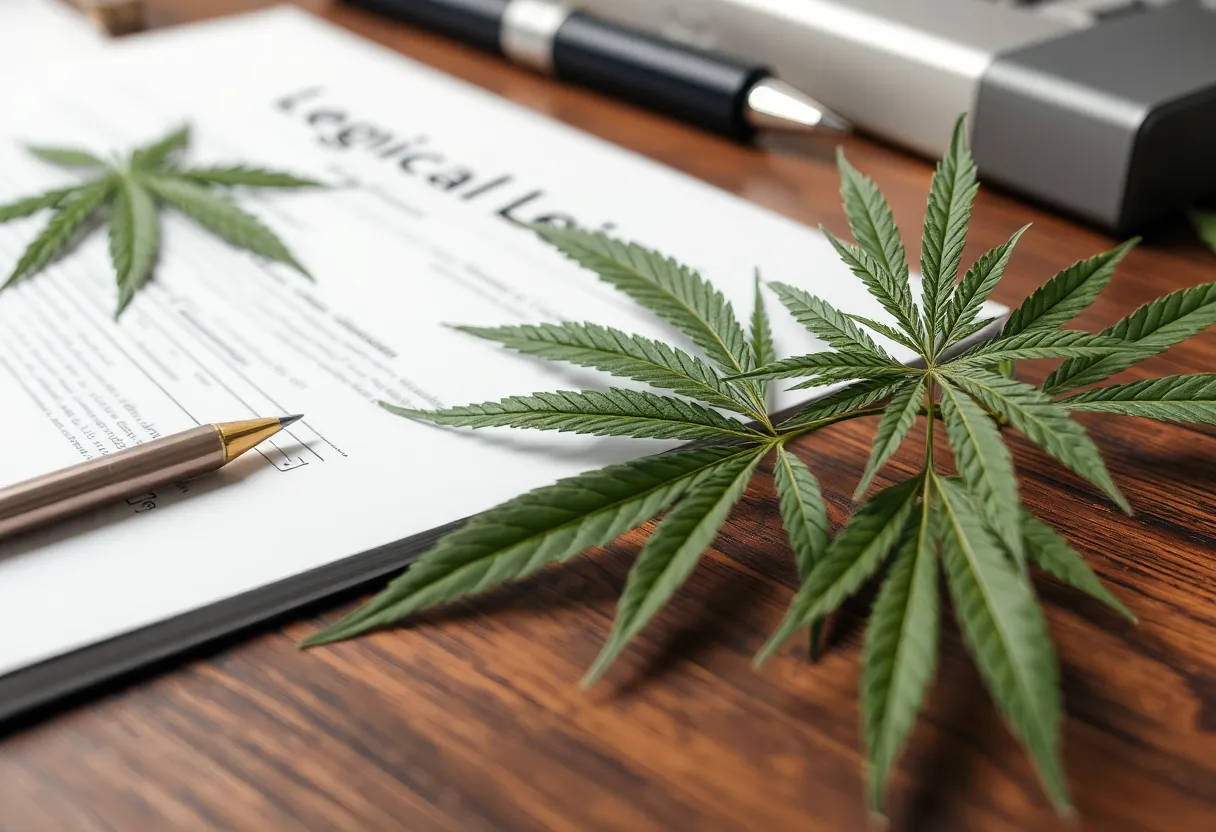Legal documents and cannabis leaves on a desk.