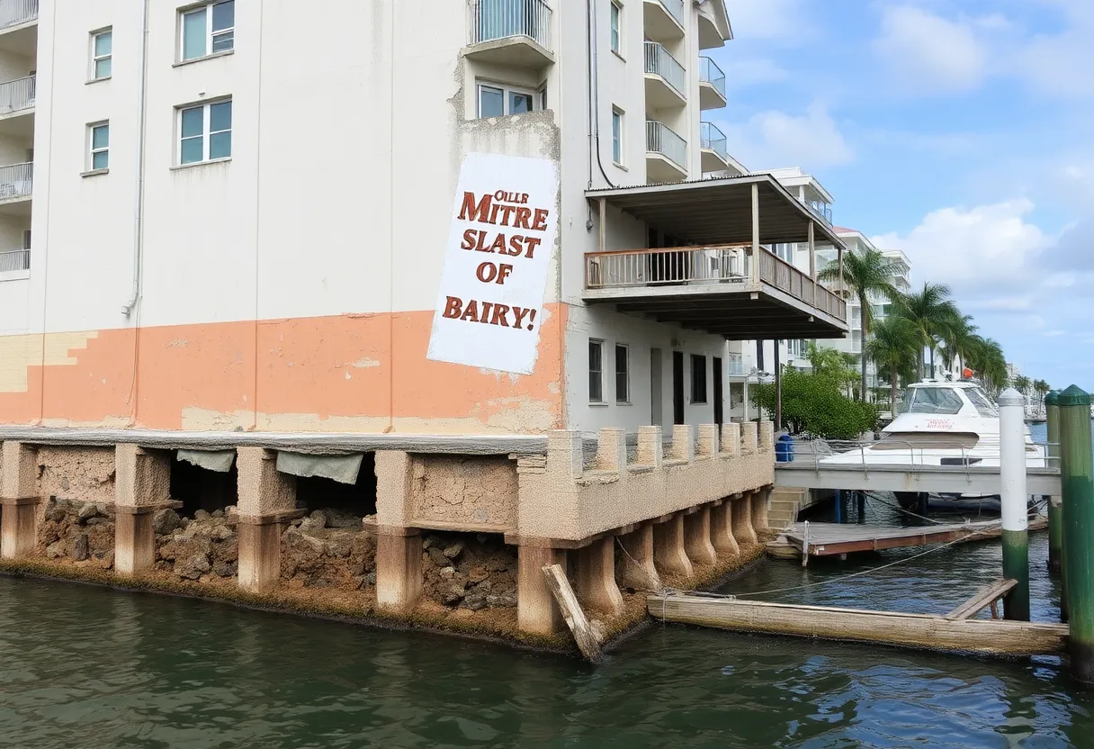 Deteriorating building foundation by waterfront in Miami.