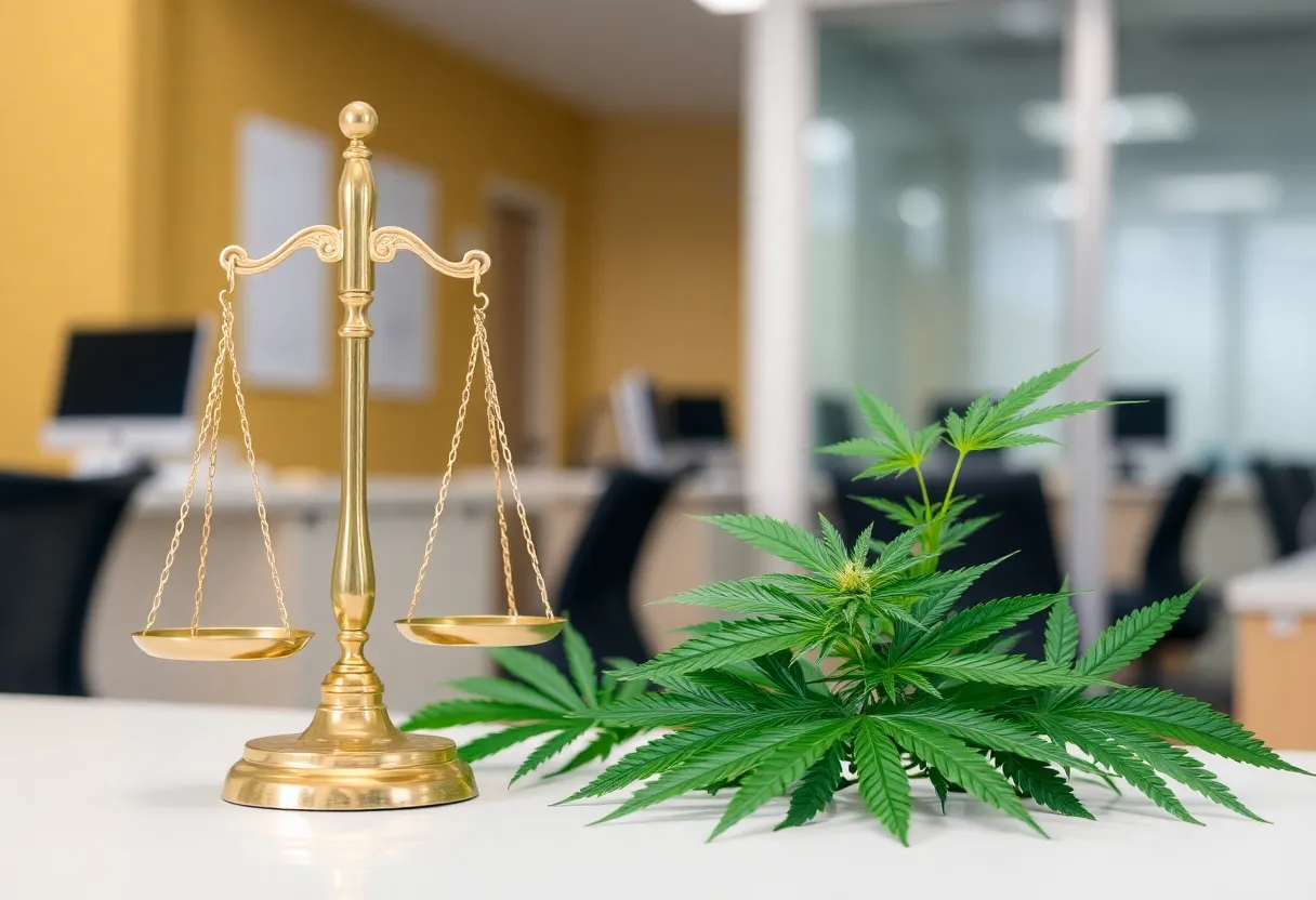 Legal scales with cannabis leaves and office settings.