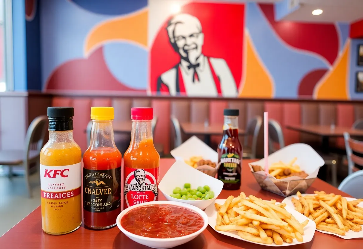 Vibrant dining setting with various KFC sauces and meals.