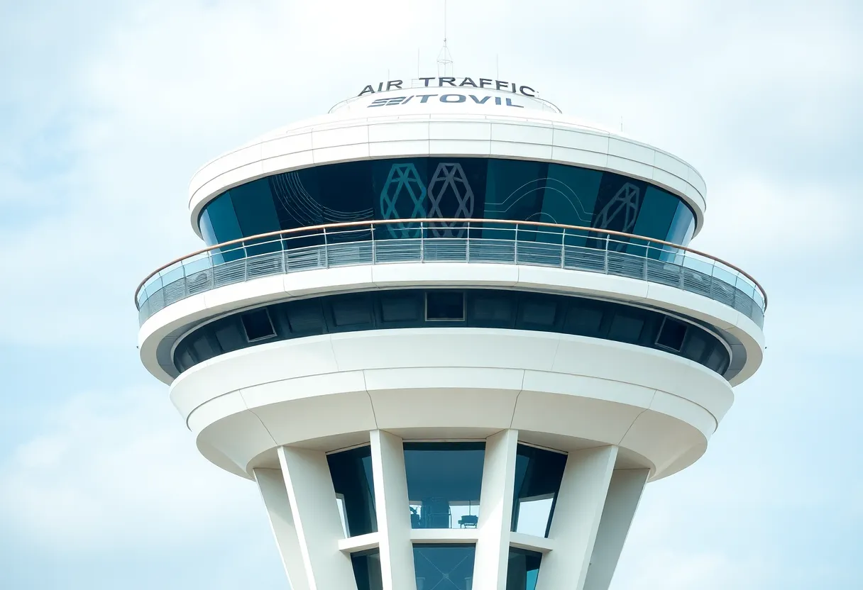Modern air traffic control tower with advanced technology.