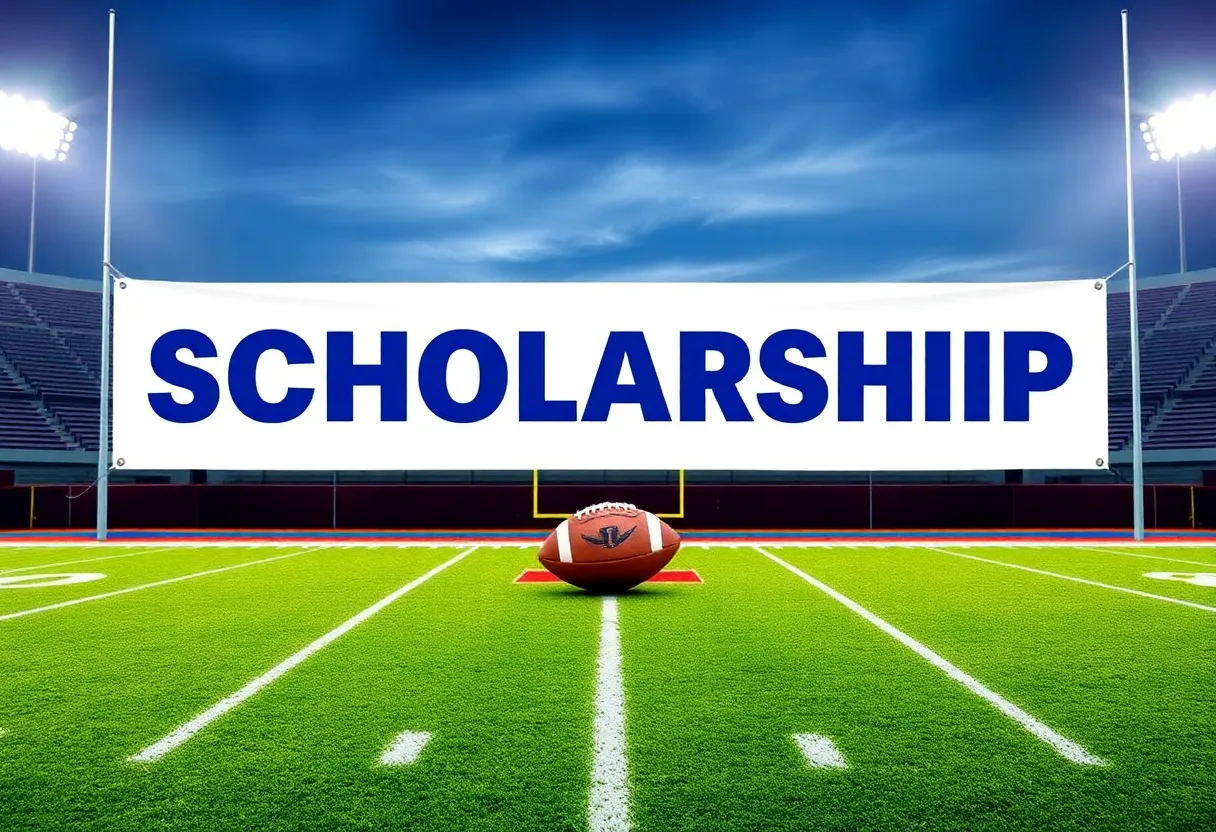 Football field with a scholarship announcement banner.