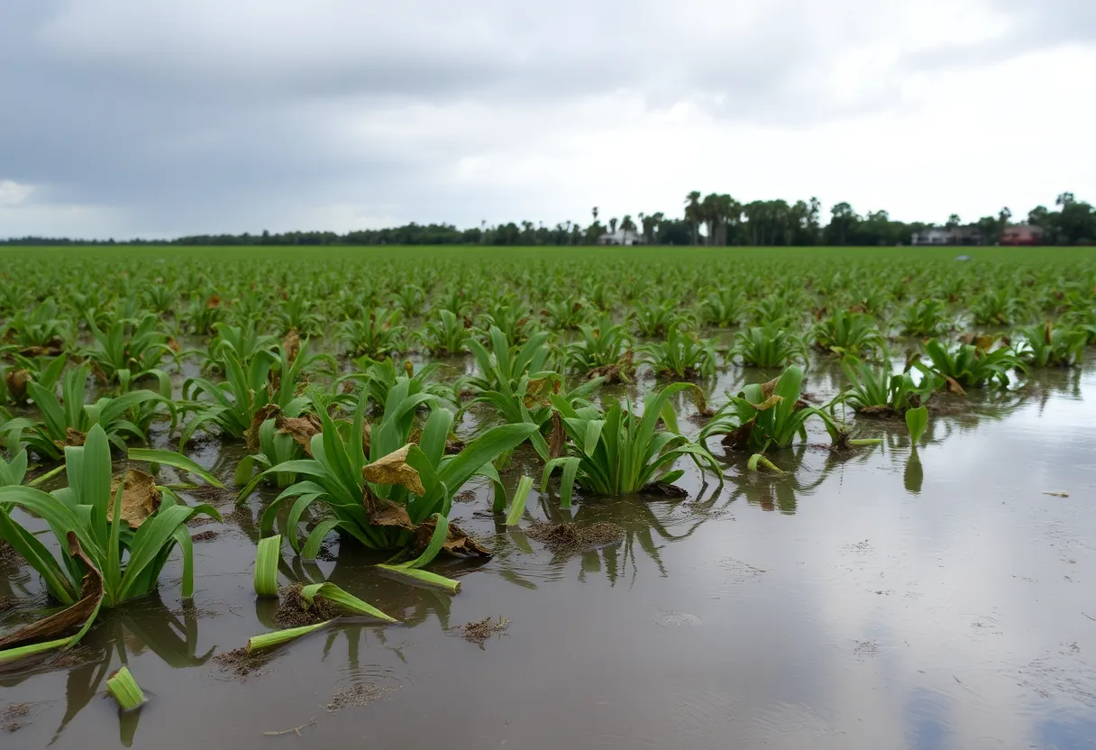 Damaged crops in a flooded agricultural field post-hurricane.
