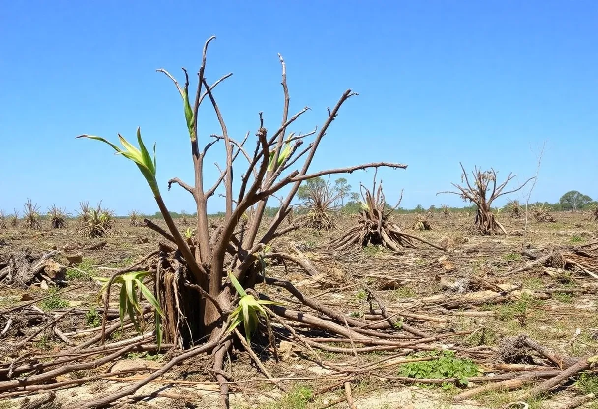 Devastated crops in storm-damaged Florida farmland.