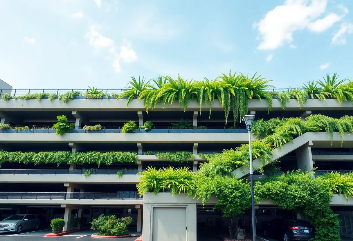 Modern parking garage with greenery and urban design features.