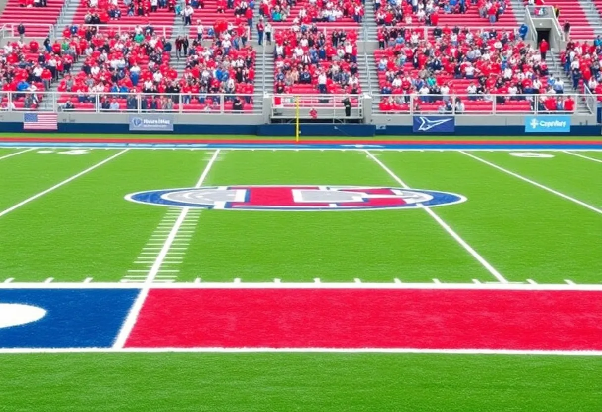 College football field with team colors and logo.