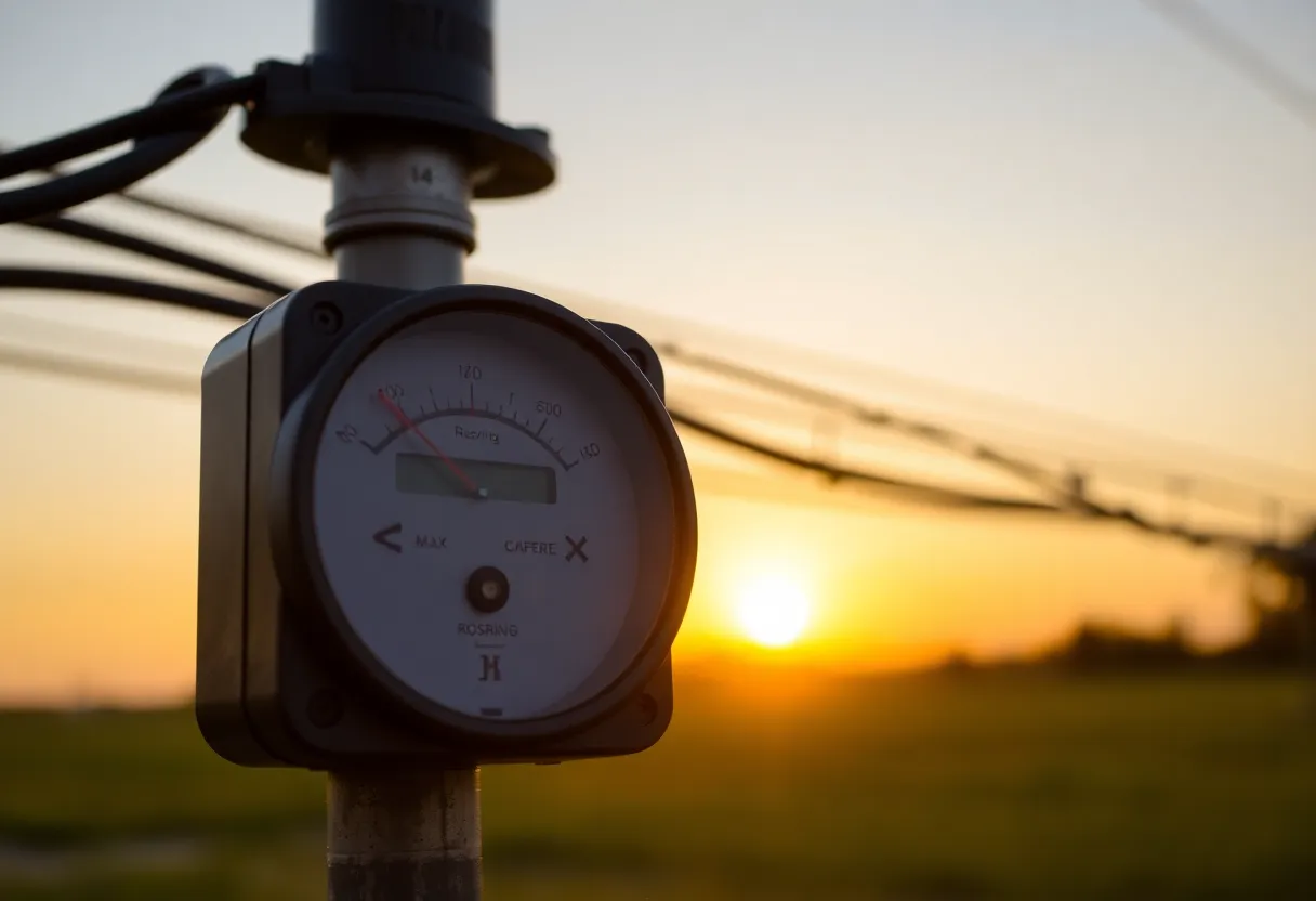 Utility meter with rising graph and sun setting background.