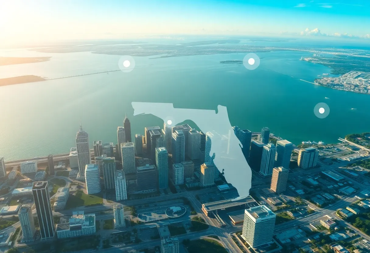 Aerial view of Florida skyline with technology symbols overlay.