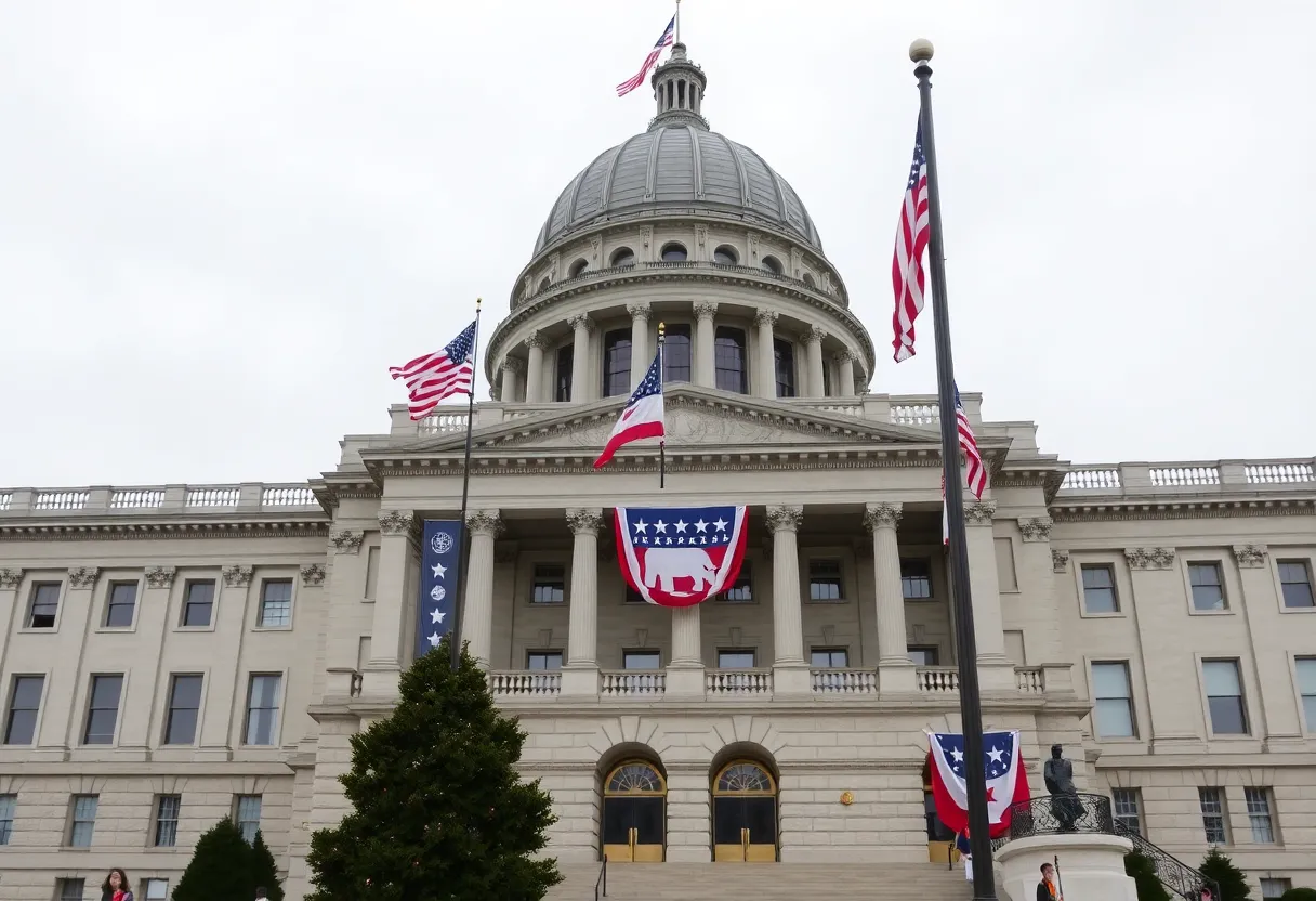 State capitol building with Republican flags and banners.