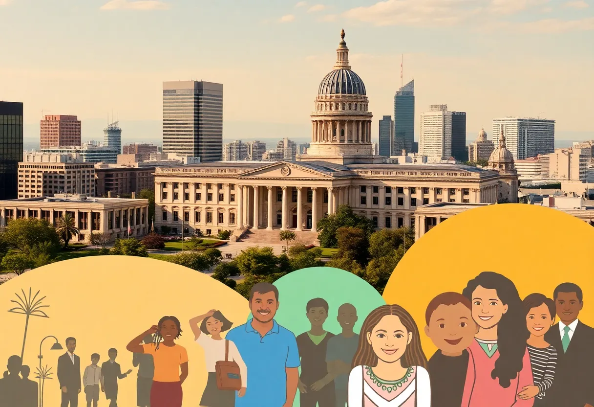 Modern cityscape with legislative building and diverse community imagery.