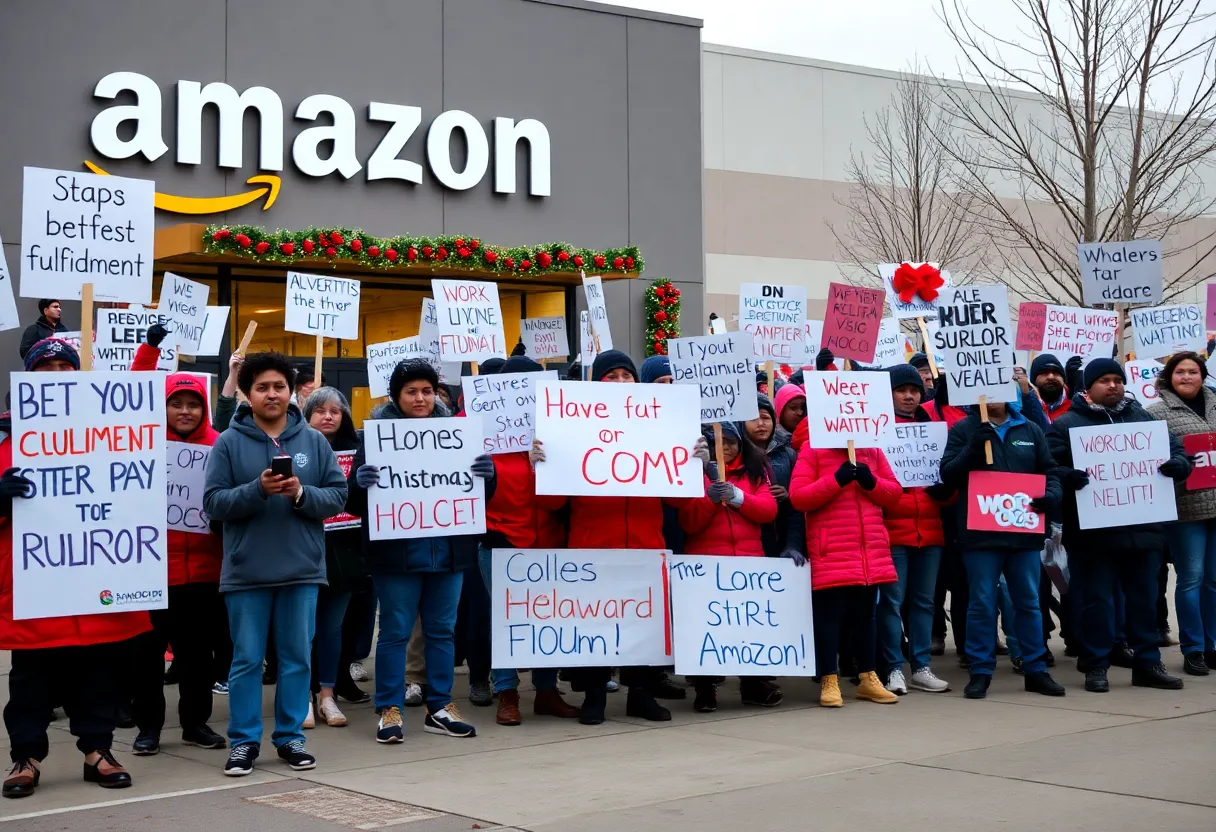 Diverse Amazon workers protesting for better pay and conditions