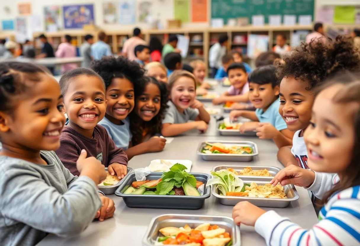 Children in a school cafeteria enjoying healthy meals together.