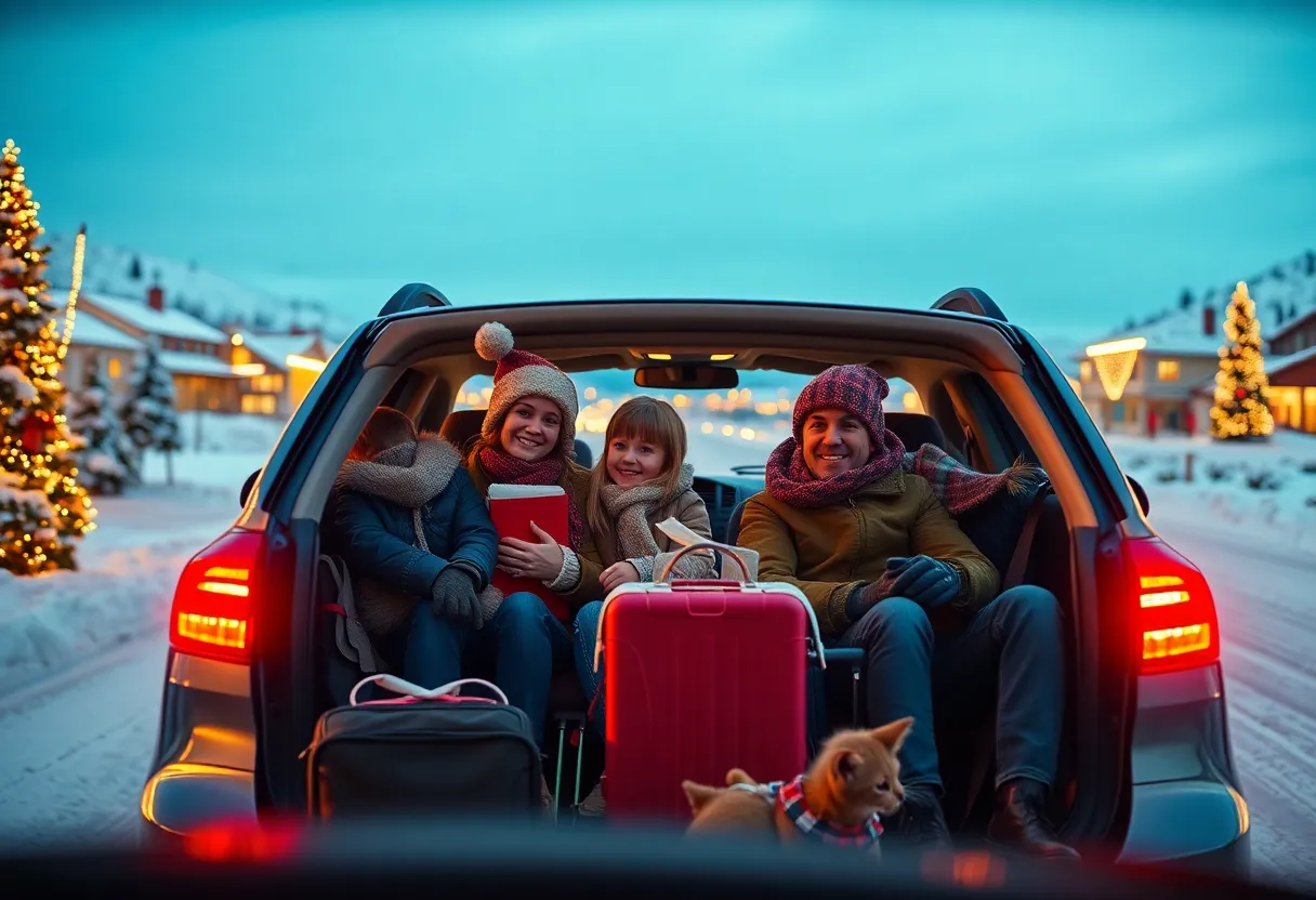 Families packing their car for holiday travel