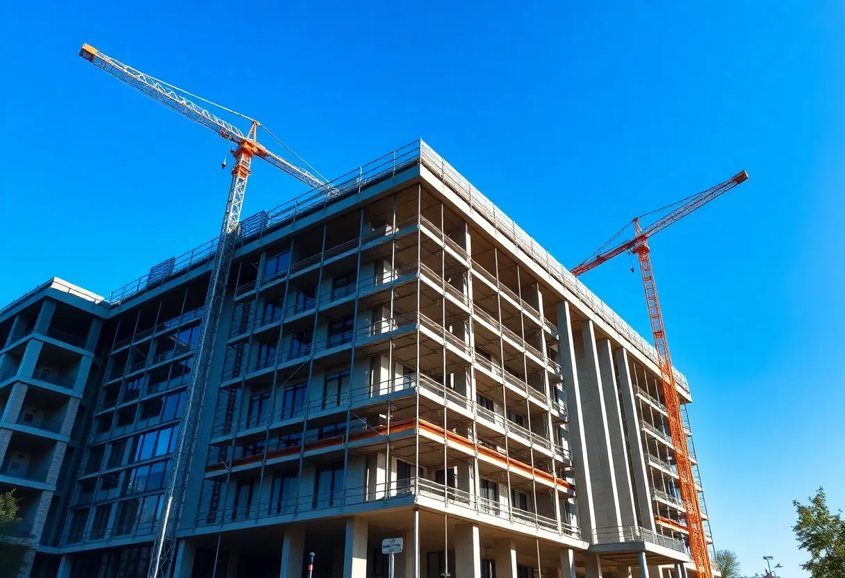 Construction site of FSU Legacy Hall with cranes and building framework.