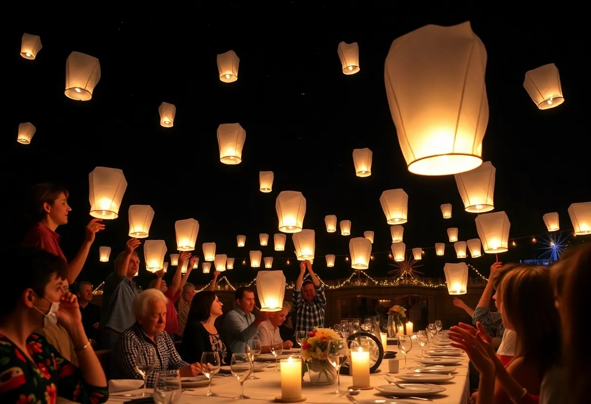 Community members at Kearney Center releasing sky lanterns
