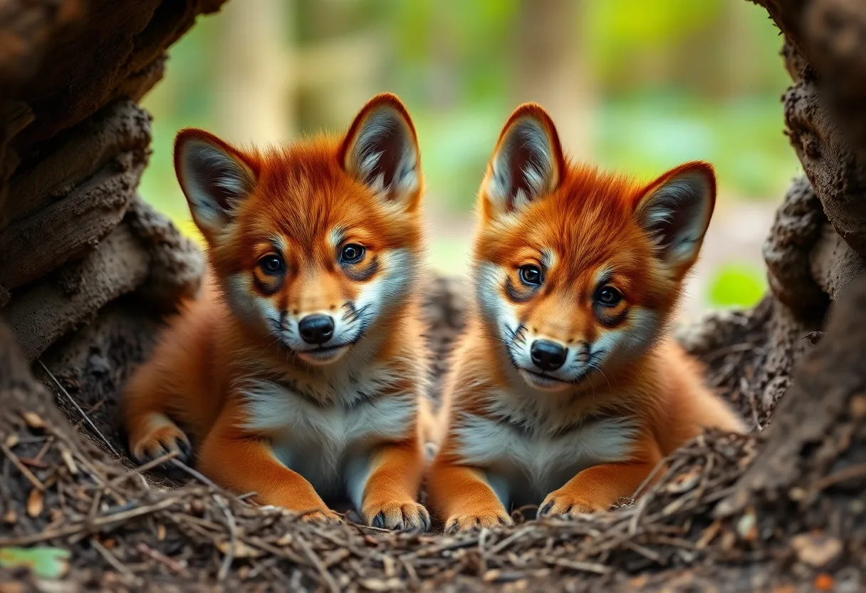 Two red wolf pups nestled in a den at Tallahassee Museum.
