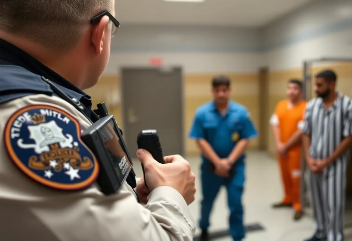 A law enforcement officer wearing a body camera at a detention facility.