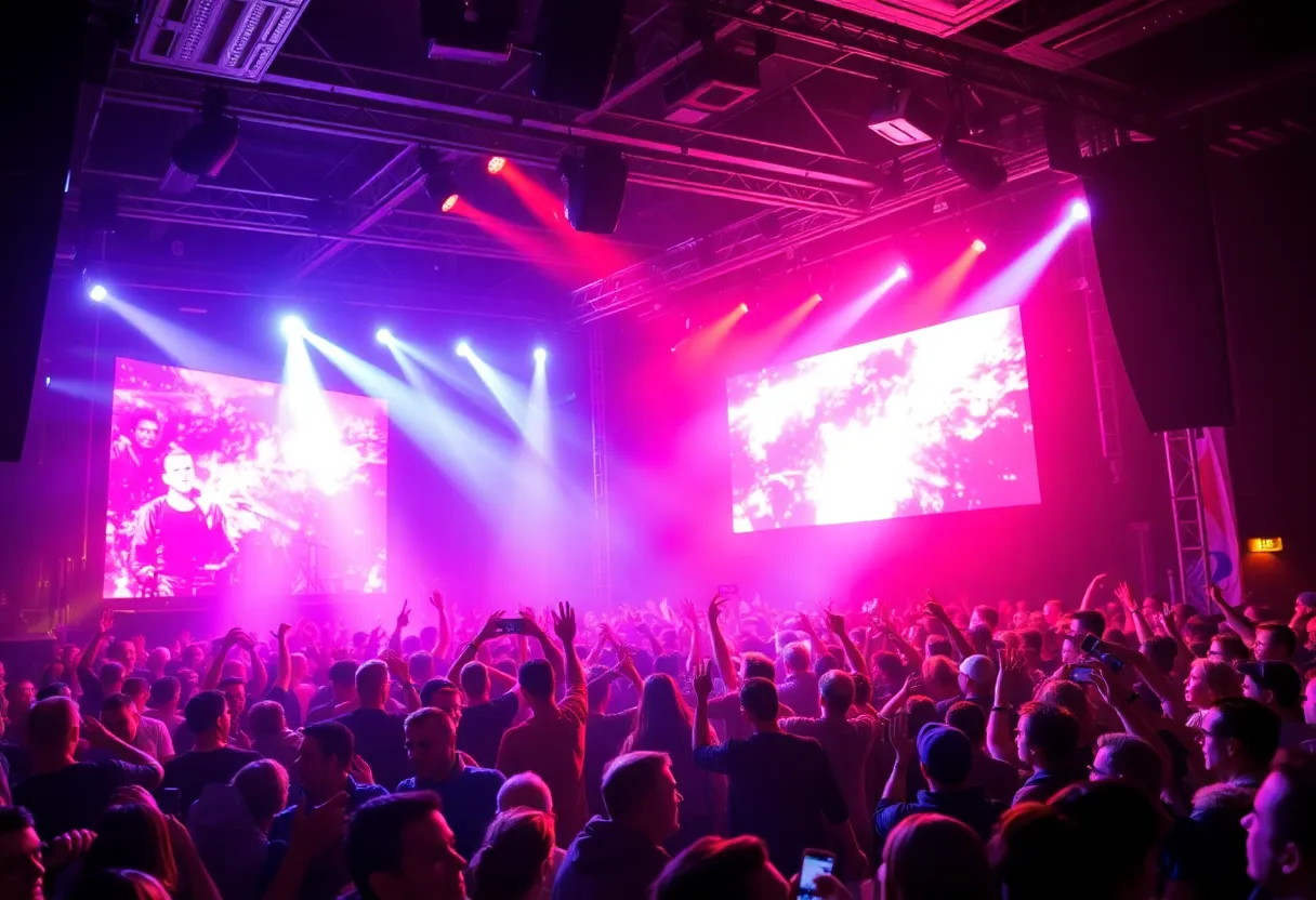 Crowd enjoying a live concert with bright stage lights.