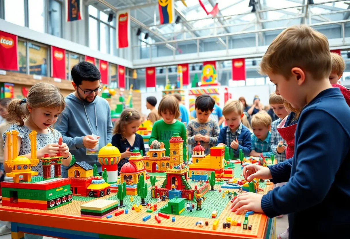 Families enjoying a LEGO building event with colorful structures.