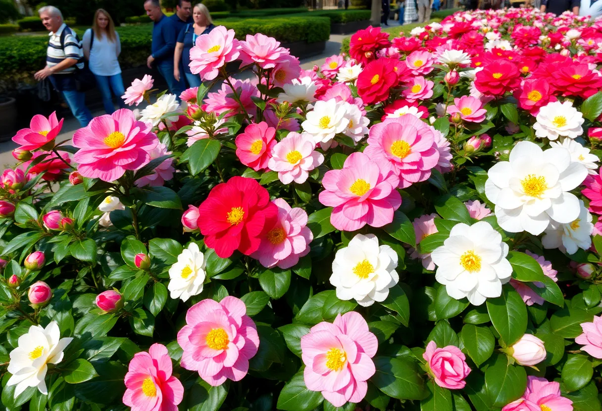 A colorful array of camellia flowers displayed at the show.