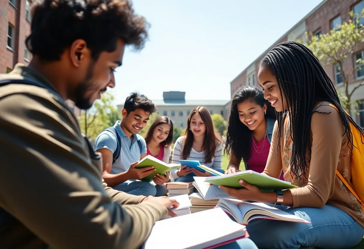 A diverse group of college students studying outdoors on campus